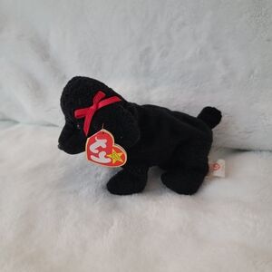 Black Plush Dog Toy with Red Bow